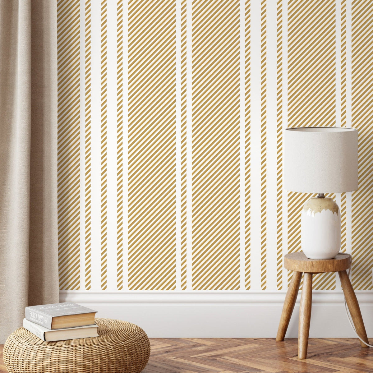 Yellow Striped Wallpaper Farmhouse Wallpaper Peel and Stick and Traditional Wallpaper - D784 - WallTrend