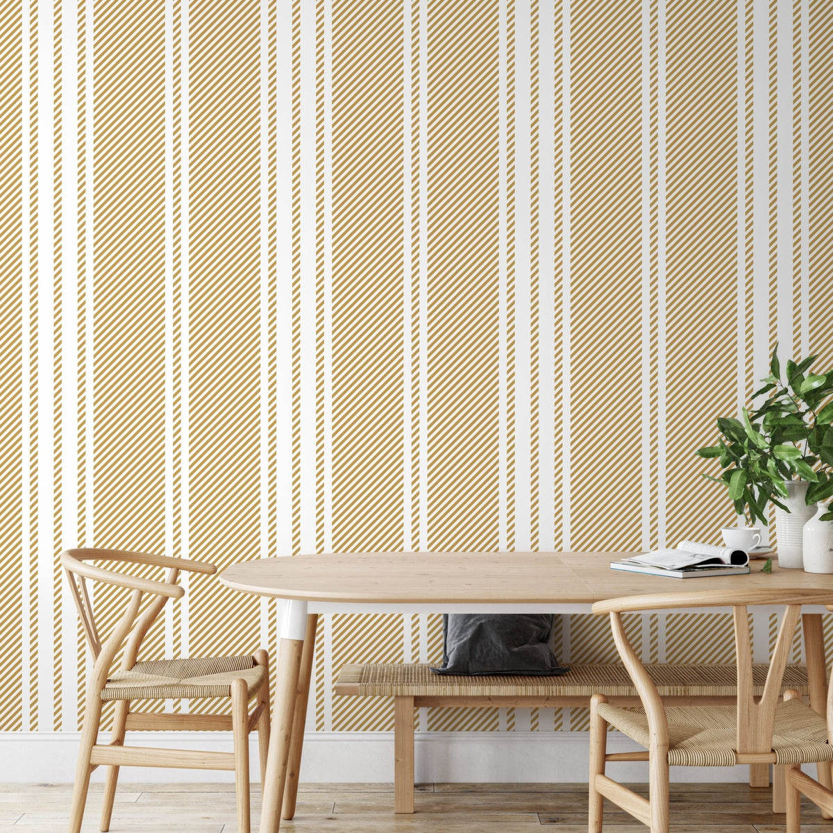 Yellow Striped Wallpaper Farmhouse Wallpaper Peel and Stick and Traditional Wallpaper - D784 - WallTrend